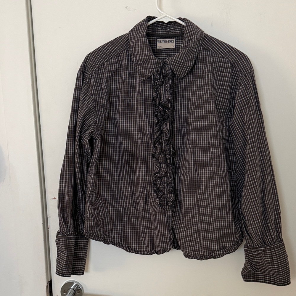 We The Free Brown and Black Checked Ruffle Front Blouse